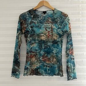 Shameless Women Blue Graffiti Abstract Print Mesh Grunge Long Sleeve Top M Y2K
